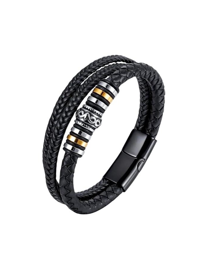 MARIO DRAFTS Men's Braided Leather Bracelet, Black Double Layer with Gold-Silver Accent, Magnetic Clasp - Image 1