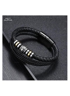MARIO DRAFTS Men's Braided Leather Bracelet, Black Double Layer with Gold-Silver Accent, Magnetic Clasp  - Image 2