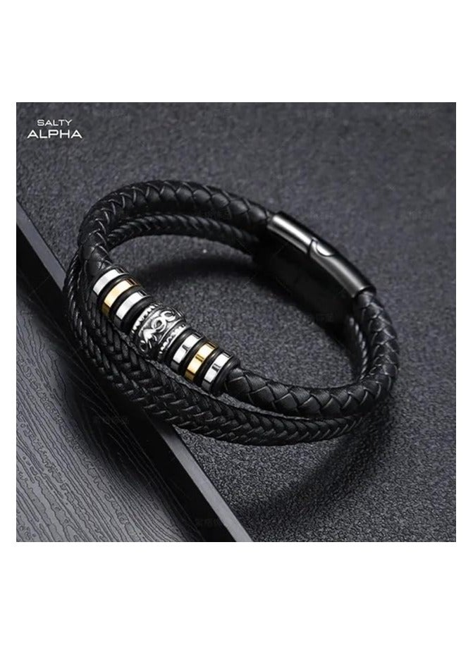 MARIO DRAFTS Men's Braided Leather Bracelet, Black Double Layer with Gold-Silver Accent, Magnetic Clasp - Image 2