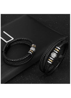 MARIO DRAFTS Men's Braided Leather Bracelet, Black Double Layer with Gold-Silver Accent, Magnetic Clasp  - Image 3