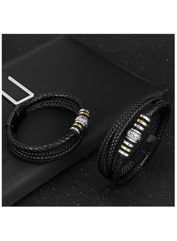 MARIO DRAFTS Men's Braided Leather Bracelet, Black Double Layer with Gold-Silver Accent, Magnetic Clasp - Image 3