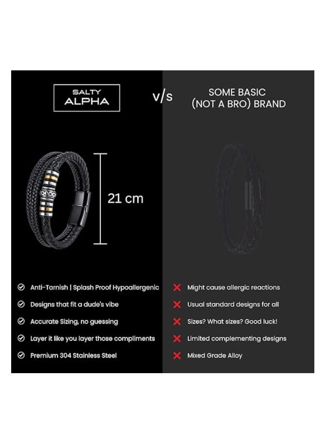 MARIO DRAFTS Men's Braided Leather Bracelet, Black Double Layer with Gold-Silver Accent, Magnetic Clasp - Image 4