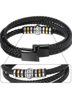 MARIO DRAFTS Men's Braided Leather Bracelet, Black Double Layer with Gold-Silver Accent, Magnetic Clasp  - Image 5
