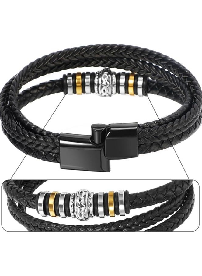 MARIO DRAFTS Men's Braided Leather Bracelet, Black Double Layer with Gold-Silver Accent, Magnetic Clasp - Image 5