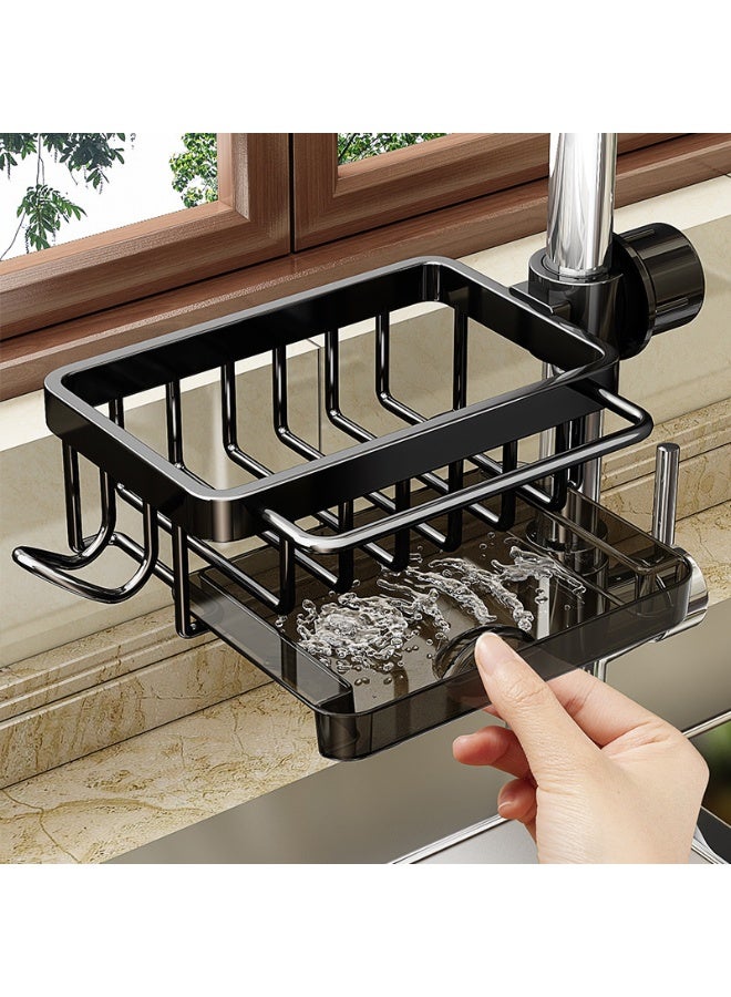 Relex Kitchen Caddy Sink Organizer, Easy Install Sponge Holder for Kitchen Sink with Tray and Hooks, Multifunction Faucet Rack for Kitchen & Bathroom (Black, Left) - Image 1