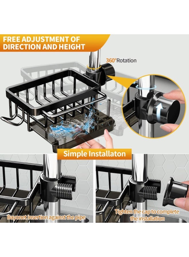 Relex Kitchen Caddy Sink Organizer, Easy Install Sponge Holder for Kitchen Sink with Tray and Hooks, Multifunction Faucet Rack for Kitchen & Bathroom (Black, Left) - Image 2
