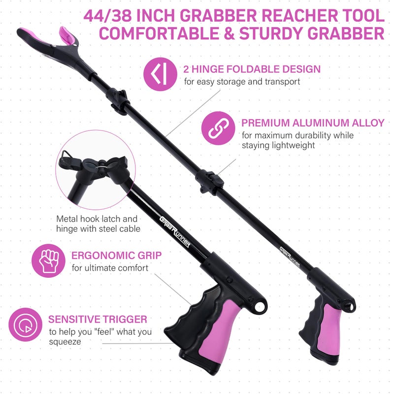 GrabRunner 38" & 44" Extra Long Grabber Reacher Tool â€“ 2 Pack Foldable Reacher Grabber Pickup Tools with 360Â° Rotating Jaw for Seniors, Hard-to-Reach Areas, Ergonomic Grip & Lightweight Designï¼ˆPinkï¼‰ - Image 4