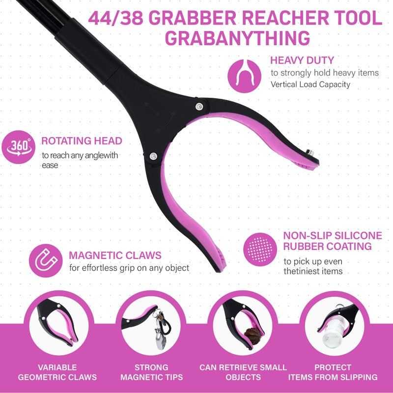 GrabRunner 38" & 44" Extra Long Grabber Reacher Tool â€“ 2 Pack Foldable Reacher Grabber Pickup Tools with 360Â° Rotating Jaw for Seniors, Hard-to-Reach Areas, Ergonomic Grip & Lightweight Designï¼ˆPinkï¼‰ - Image 3