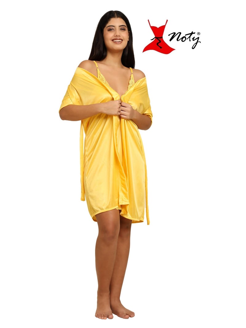 Noty Store Noty ® Women's- 3 Pc Hot & Sexy Nightwear Set- Satin - Sexy Lace Chemise with Robe (in, Alpha, Free Size, Regular, Corn Yellow) - Image 2