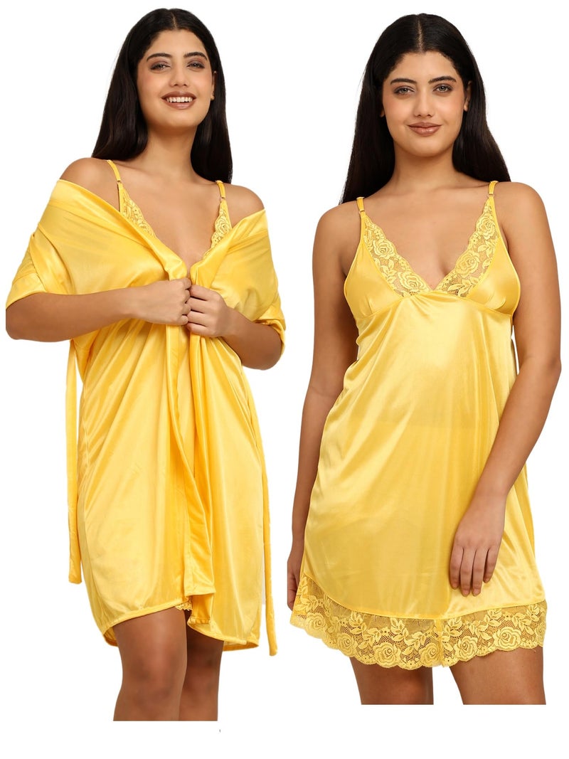 Noty Store Noty ® Women's- 3 Pc Hot & Sexy Nightwear Set- Satin - Sexy Lace Chemise with Robe (in, Alpha, Free Size, Regular, Corn Yellow) - Image 1