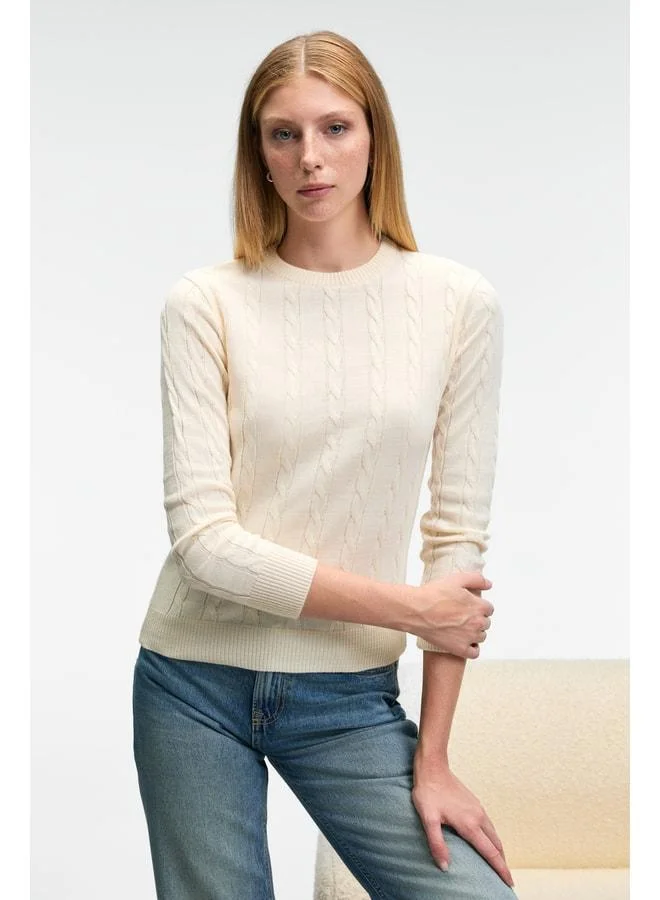 GRIMELANGE QUERIDA Women's Round Neck Hair Braid Regular Fit Knit Cream Sweater.