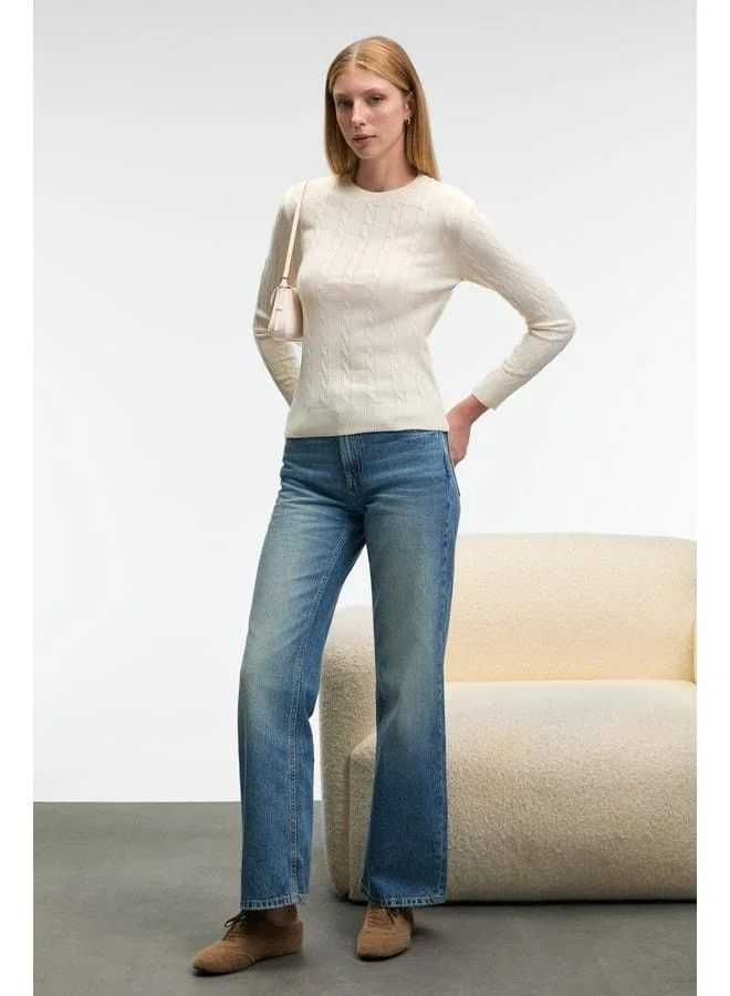 GRIMELANGE QUERIDA Women's Round Neck Hair Braid Regular Fit Knit Cream Sweater.