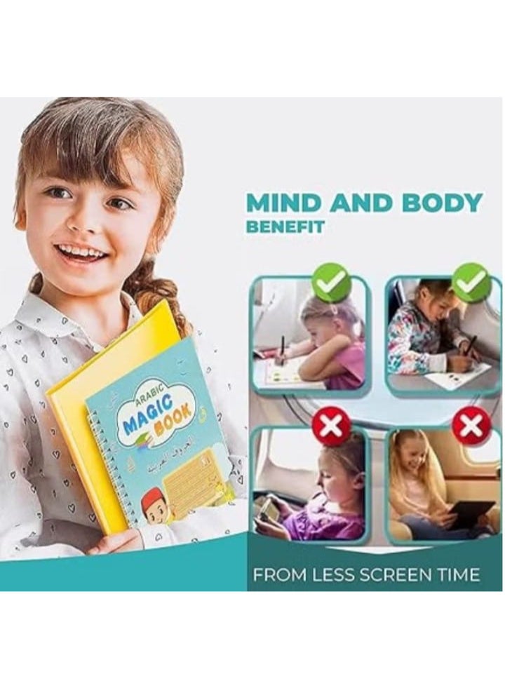 كتب الكتابة السحرية العربية للأطفال - مجموعة من 4 كتب تمارين قابلة لإعادة الاستخدام مع قلم سحري، عبوات إعادة تعبئة، ومساعد قبضة - تعلم الحروف والأرقام والكلمات العربية - Image 2