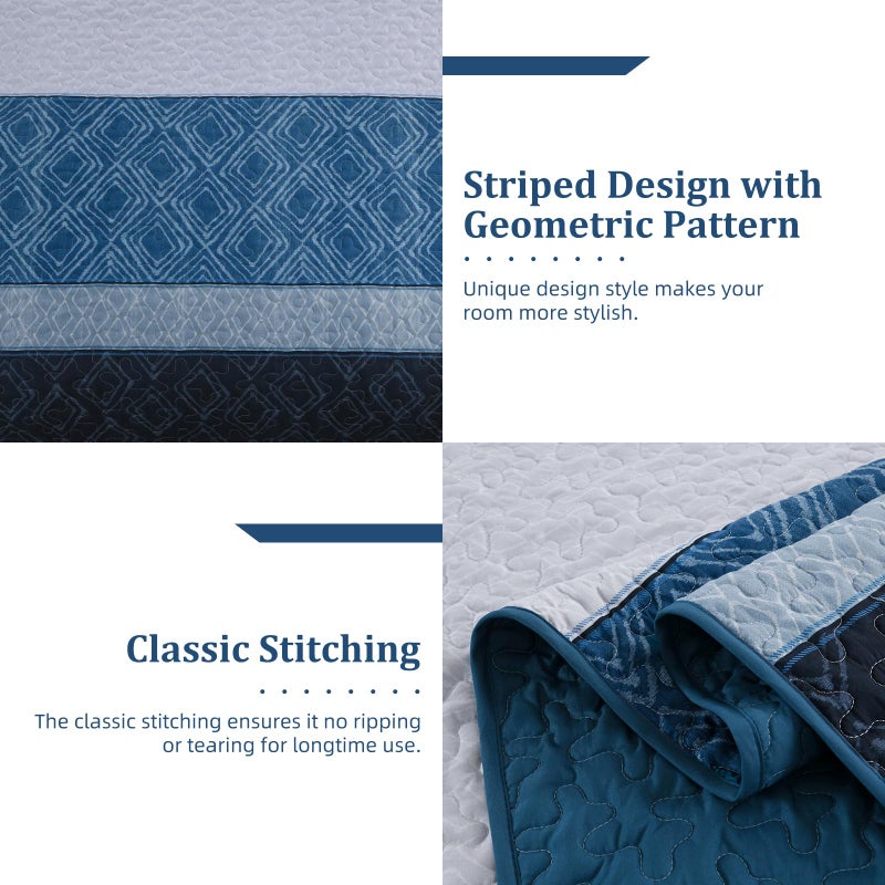 Cottolester Navy Blue King Size Quilt Set,Striped Plaid Bedspread Coverlet Set,Boho Summer Bedding Set Soft Microfiber Bedding Set with 2 Pillow Shams 110"x90" - Image 5