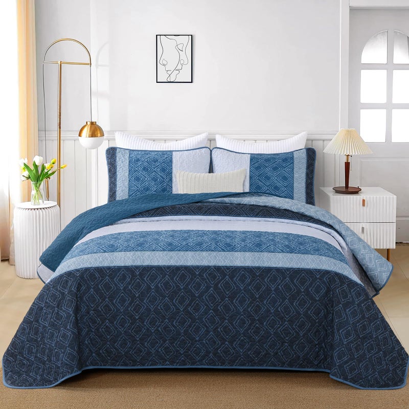 Cottolester Navy Blue King Size Quilt Set,Striped Plaid Bedspread Coverlet Set,Boho Summer Bedding Set Soft Microfiber Bedding Set with 2 Pillow Shams 110"x90" - Image 2