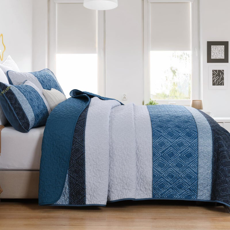 Cottolester Navy Blue King Size Quilt Set,Striped Plaid Bedspread Coverlet Set,Boho Summer Bedding Set Soft Microfiber Bedding Set with 2 Pillow Shams 110"x90" - Image 3