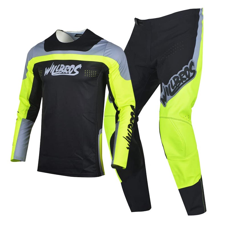 Willbros Mens Motocross Jersey Pants Combo Dirt Bike Offroad MX Gear Set Racing Adult Black Green Jersey L Pants 34 - Image 2