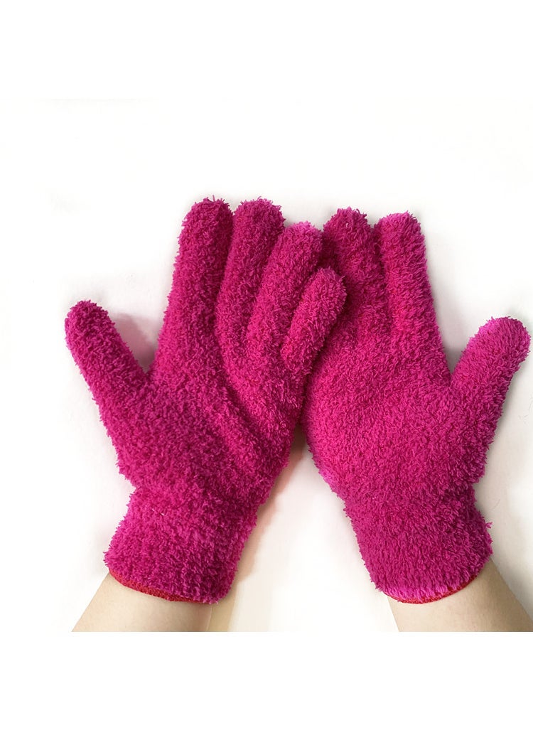 Household Helper Coral Fleece Half-side Fleece Warm Household Absorbent Dust Knitted Gloves Knitted for Men and Women Wholesale Rose Red