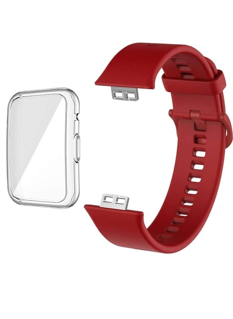 Generic Huawei Fit Watch Band Strap Silicone Replacement Wristband With Cover  Dark Red  - Image 1