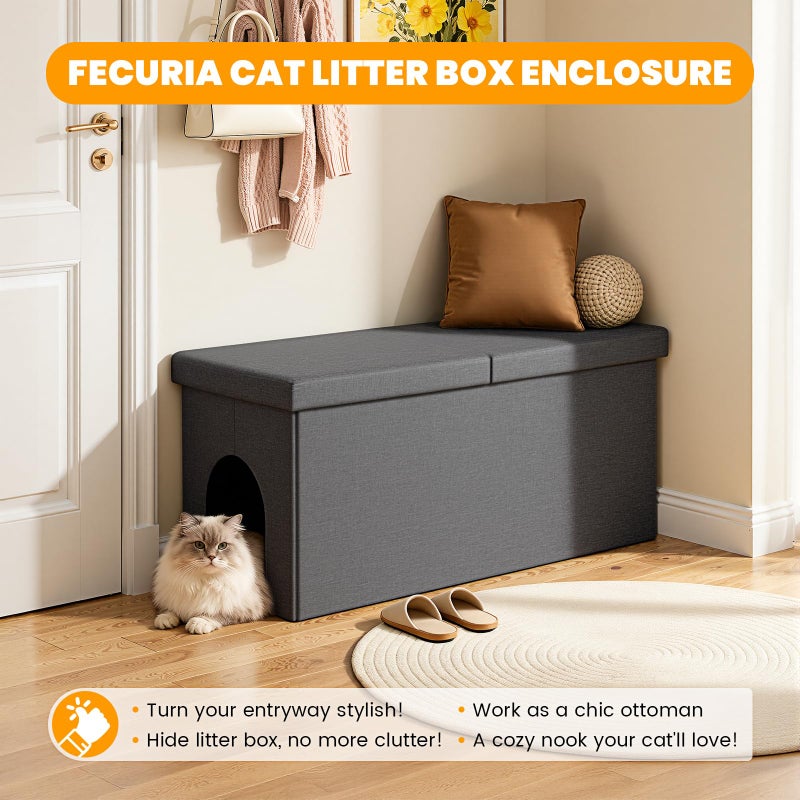 Fecuria 3-in-1 Cat Litter Box Enclosure with Odor Control, Multi-Functional Hidden Litter Box Furniture Bench, Dog Proof, Space-Saving Ottoman Cabinet with Flip-Up Lid, Storage Footrest, Dark Grey - Image 5