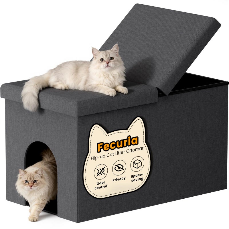 Fecuria 3-in-1 Cat Litter Box Enclosure with Odor Control, Multi-Functional Hidden Litter Box Furniture Bench, Dog Proof, Space-Saving Ottoman Cabinet with Flip-Up Lid, Storage Footrest, Dark Grey - Image 1