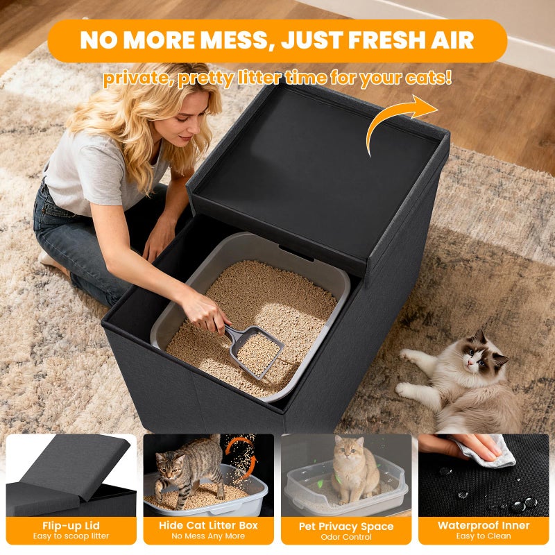 Fecuria 3-in-1 Cat Litter Box Enclosure with Odor Control, Multi-Functional Hidden Litter Box Furniture Bench, Dog Proof, Space-Saving Ottoman Cabinet with Flip-Up Lid, Storage Footrest, Dark Grey - Image 3