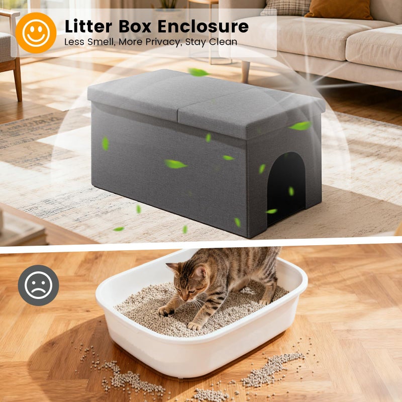 Fecuria 3-in-1 Cat Litter Box Enclosure with Odor Control, Multi-Functional Hidden Litter Box Furniture Bench, Dog Proof, Space-Saving Ottoman Cabinet with Flip-Up Lid, Storage Footrest, Dark Grey - Image 2