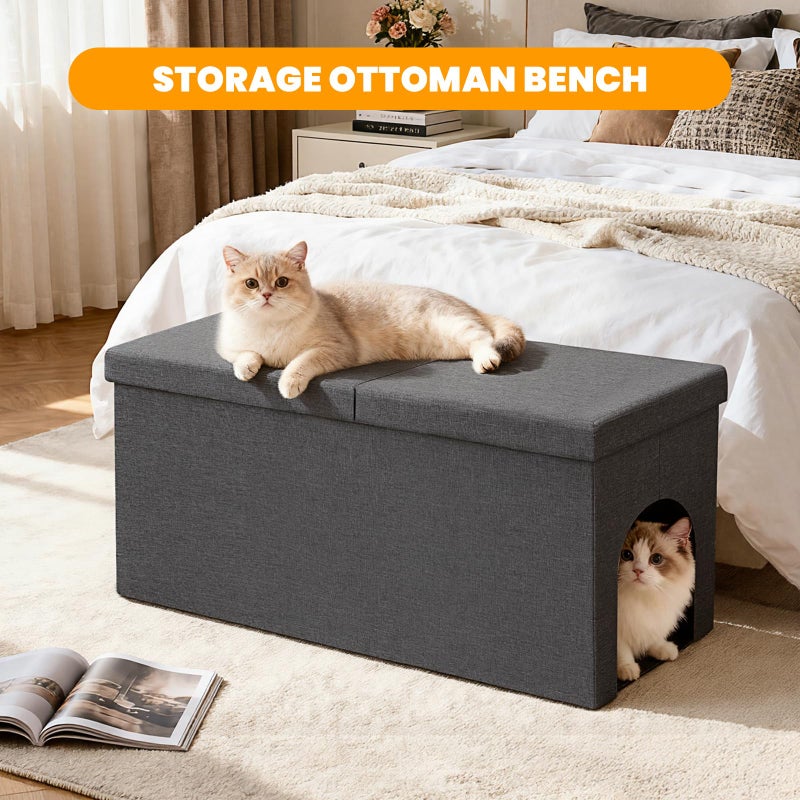 Fecuria 3-in-1 Cat Litter Box Enclosure with Odor Control, Multi-Functional Hidden Litter Box Furniture Bench, Dog Proof, Space-Saving Ottoman Cabinet with Flip-Up Lid, Storage Footrest, Dark Grey - Image 4