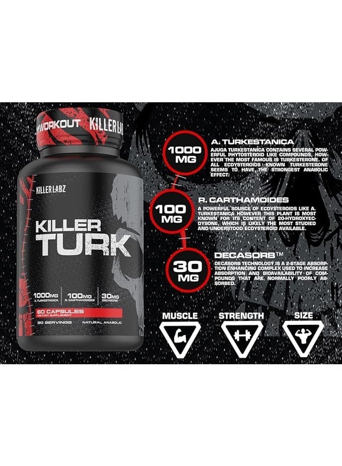 KILLER LABZ Killer Turk Natural Anabolic Capsules | 1000mg A.Turkestanica | 100mg R. Carthamoides | 30mg Decasorb | 60 Capsules - Image 2