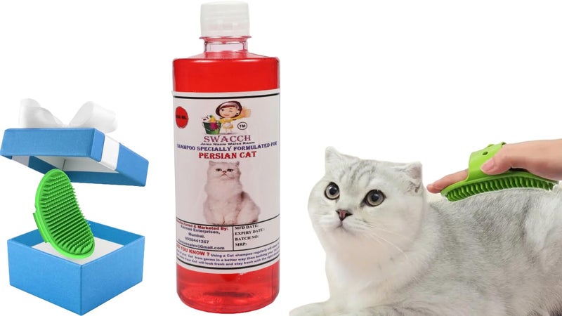 Swacch Persian Cat Shampoo -500ml (Jasmine) + Bath Brush with Adjustable Straps Combo Pack - Image 1