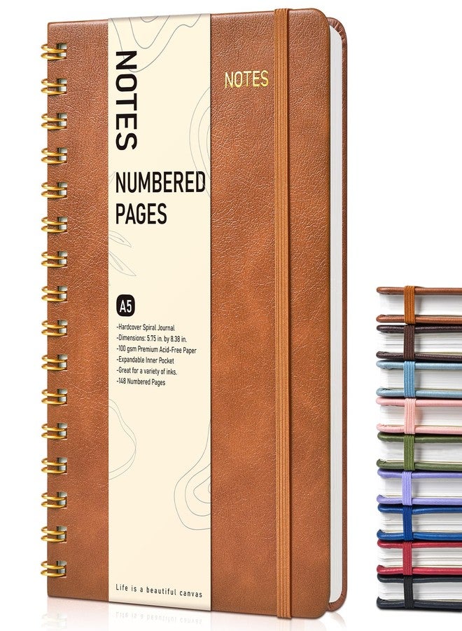 PAPEJOON Lined Spiral Journal Notebook, A5 Hardcover Spiral Journals for Women Men, 150 Numbered Pages Spiral Bound Notebook, 100 GSM College Ruled Notebooks for Writing Note Taking 5.75" x 8.38", Brown - Image 1