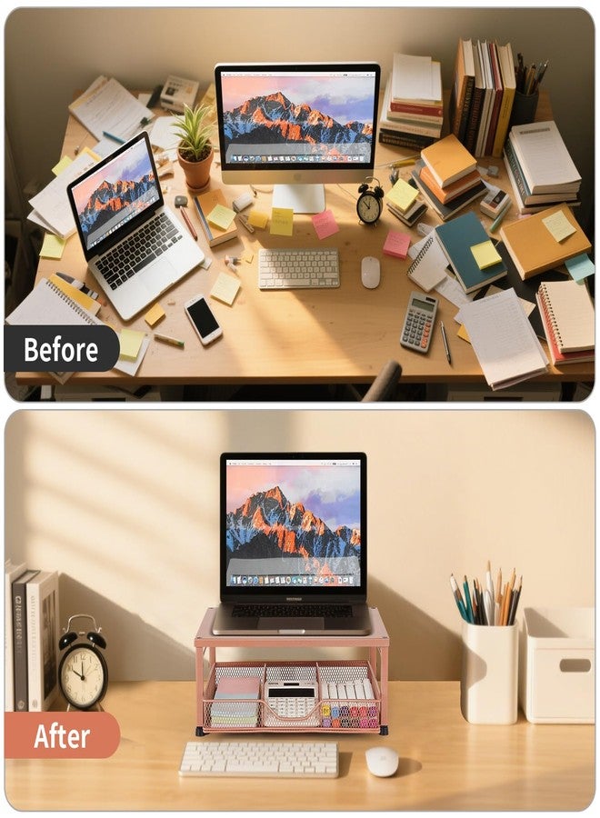 Gugsey Small Monitor Stand Riser, Laptop Riser, Metal Mesh Desk Organizer, Desk Top Storage and Organization with Drawer for Computer, Desktop, Printer, Coffee Set and Office Supplies (Bronze) - Image 4