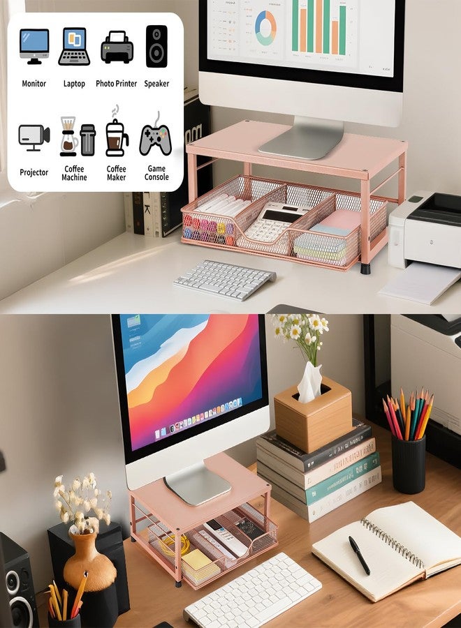 Gugsey Small Monitor Stand Riser, Laptop Riser, Metal Mesh Desk Organizer, Desk Top Storage and Organization with Drawer for Computer, Desktop, Printer, Coffee Set and Office Supplies (Bronze) - Image 2