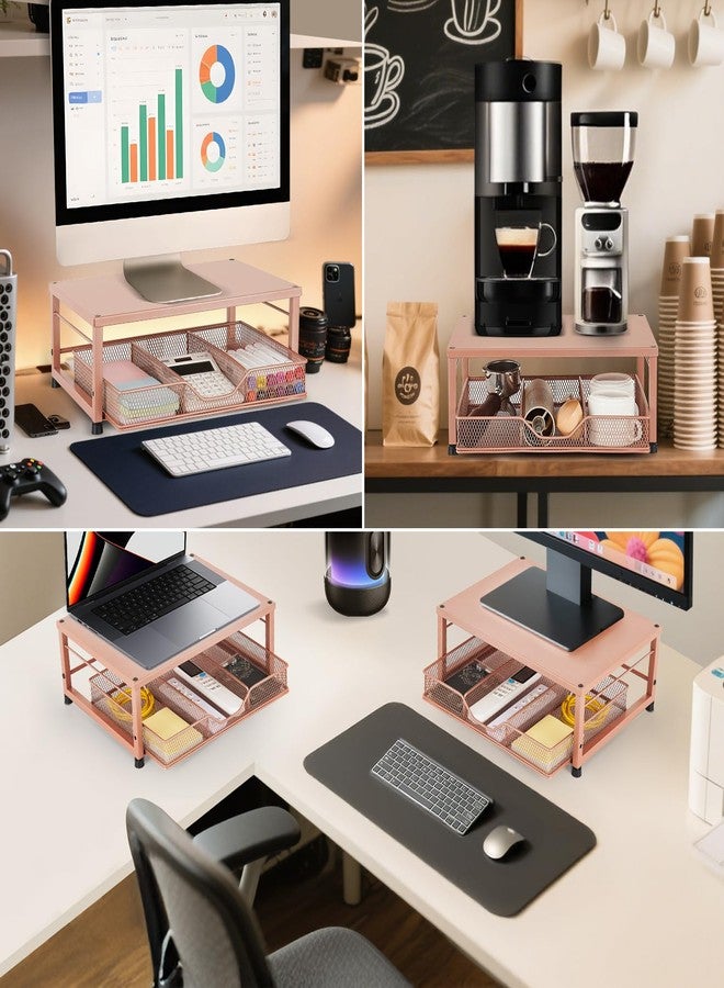 Gugsey Small Monitor Stand Riser, Laptop Riser, Metal Mesh Desk Organizer, Desk Top Storage and Organization with Drawer for Computer, Desktop, Printer, Coffee Set and Office Supplies (Bronze) - Image 3