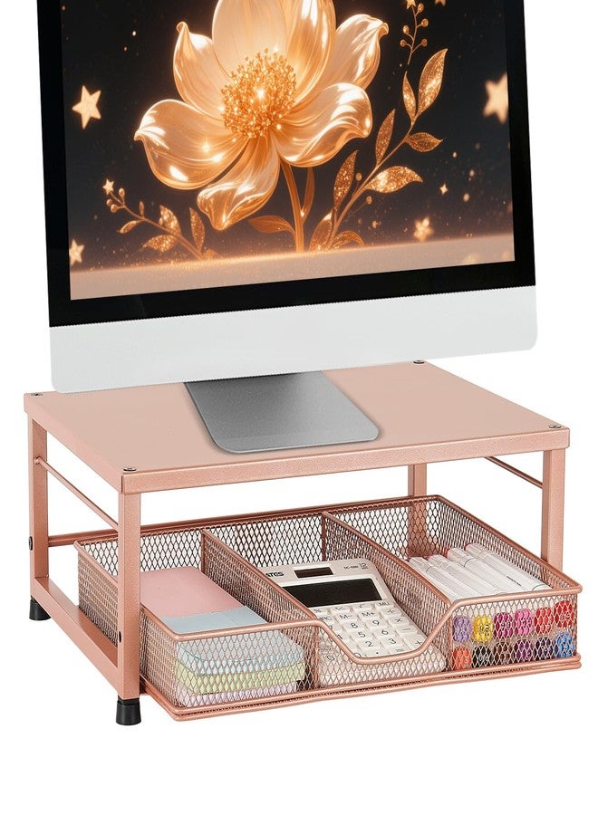 Gugsey Small Monitor Stand Riser, Laptop Riser, Metal Mesh Desk Organizer, Desk Top Storage and Organization with Drawer for Computer, Desktop, Printer, Coffee Set and Office Supplies (Bronze) - Image 1