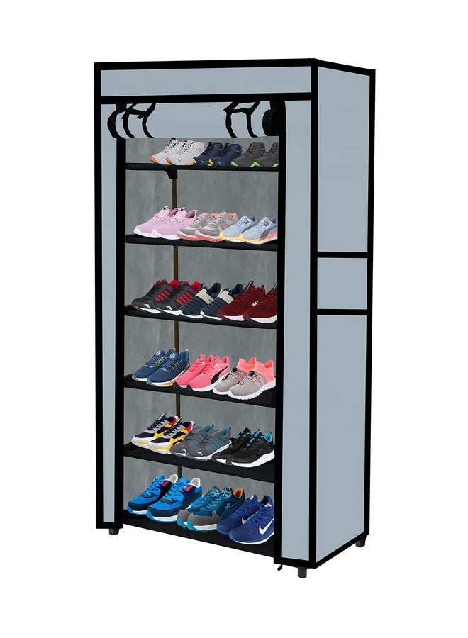 ROBMOB 6 Tier Metal Shoe Rack Collapsible Shoe Organiser with Adjustable Shelves Space Saving Lightweight Racks Foldable Sneaker Footwear Best for Men, Women, Boots, Slippers (Grey Cover) - Image 1