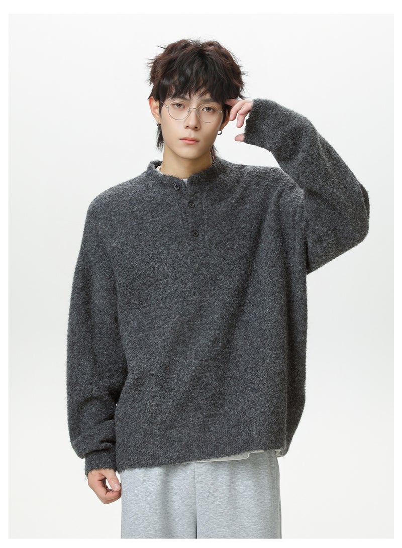 NIBEMINENT Men's Loose Fit Henley Collar Sweater - Retro Casual Autumn/Winter Style Leisure Warm Thick Sweater O-neck - Image 2