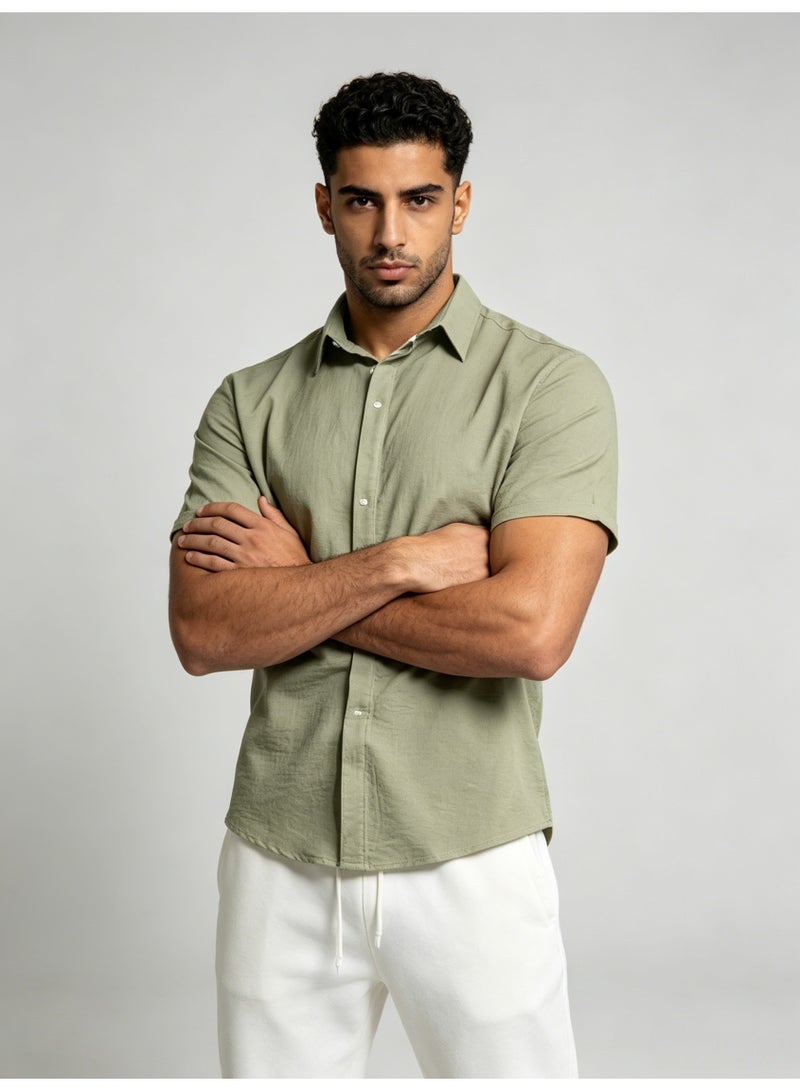 زارا ZARA Men’s Sage Green Textured Short Sleeve Button Down Shirt - Image 3