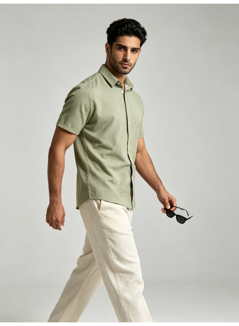 زارا ZARA Men’s Sage Green Textured Short Sleeve Button Down Shirt - Image 5