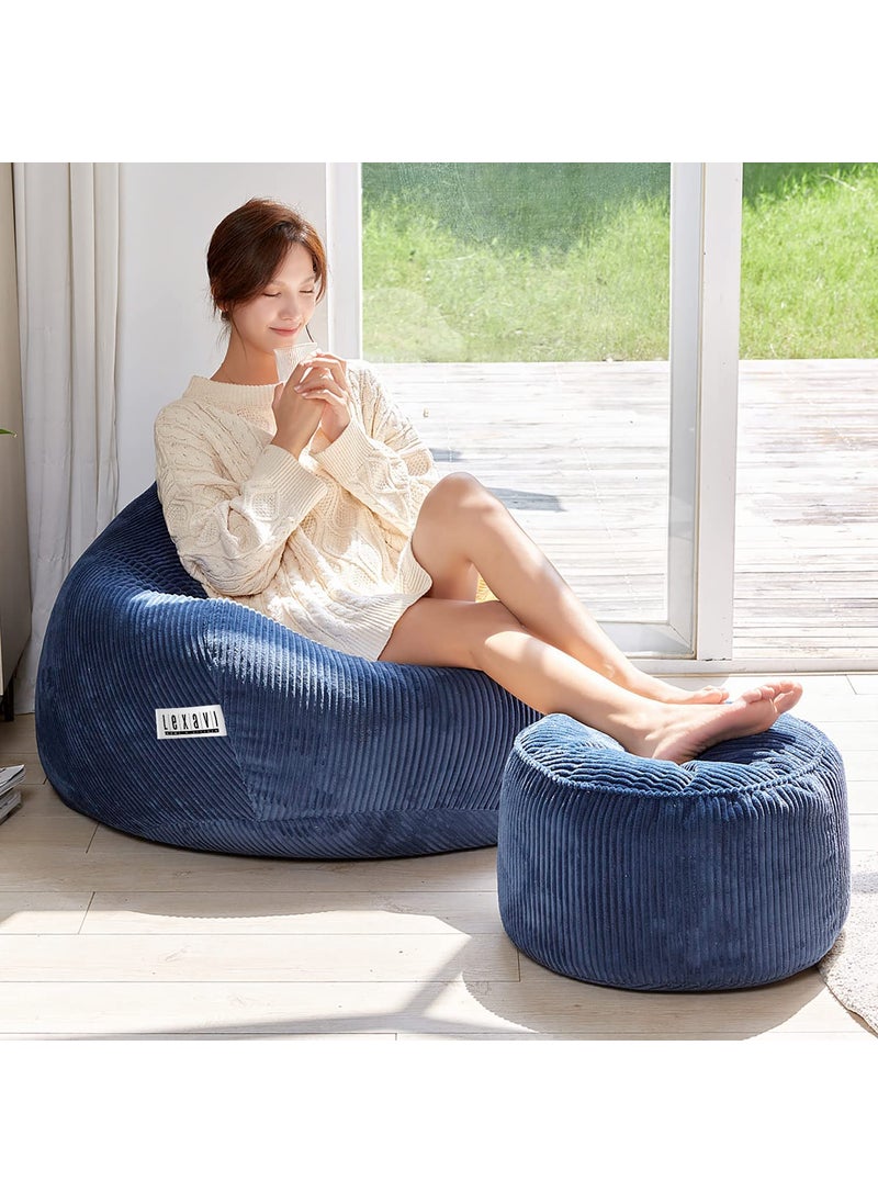 LEXAVI LEXAVI6XL Jumbo Size Cotton Corduroy Blend Beanbag with Footrest prefilled with Beans Ready to Use in Summer Season Coolest Fabric Very Soft handfeel Texture Like Feather Navy Blue  - Image 1