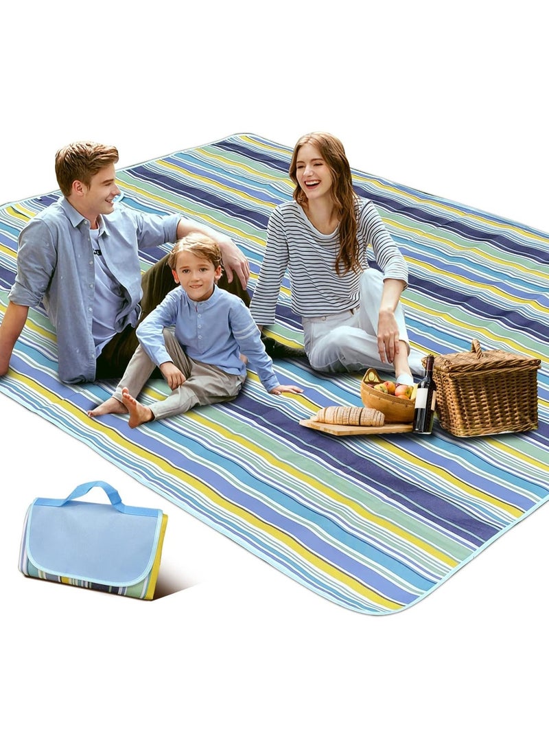 ج ت س آ ل سجادة نزهة مقاومة للماء | بطانية شاطئ | سجادة نزهة خفيفة الوزن قابلة للغسل مع مقبض للتخييم في الهواء الطلق، والمشي لمسافات طويلة، والحدائق، والاستخدام العائلي - مخططة باللون الأزرق - Image 1