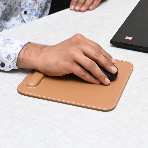 CLADD INTERNATIONAL Vegan Leather Mouse Pad Wrist Rest Ergonomic Mousepad Stitched Edge | Cushion Foam Support & Pain Relief | Suitable for Computer Laptop | Non-Slip Hard Base | Tan - Image 1