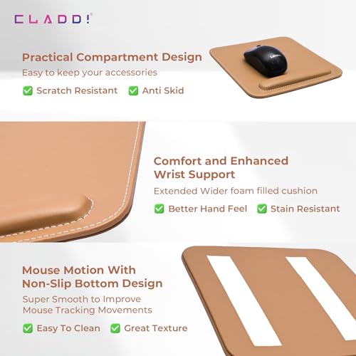 CLADD INTERNATIONAL Vegan Leather Mouse Pad Wrist Rest Ergonomic Mousepad Stitched Edge | Cushion Foam Support & Pain Relief | Suitable for Computer Laptop | Non-Slip Hard Base | Tan - Image 2