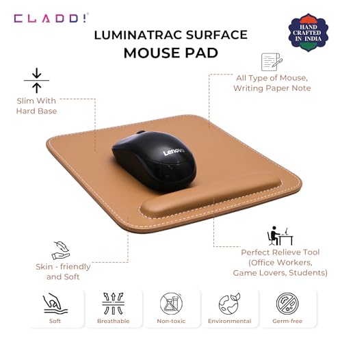 CLADD INTERNATIONAL Vegan Leather Mouse Pad Wrist Rest Ergonomic Mousepad Stitched Edge | Cushion Foam Support & Pain Relief | Suitable for Computer Laptop | Non-Slip Hard Base | Tan - Image 3