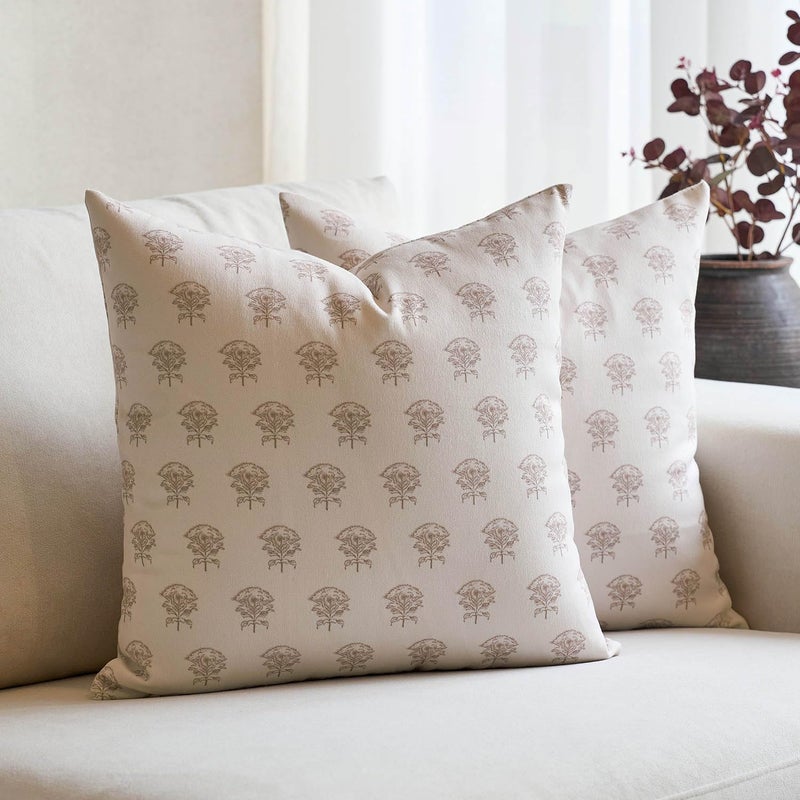 Amor Virisso Set of 2 Floral Throw Pillow Covers 18x18 Inch Vintage Decorative Block Print Pillow Covers Neutral Accent Farmhouse Pillows Home Decor for Sofa Couch Bed Light Camel - Image 2