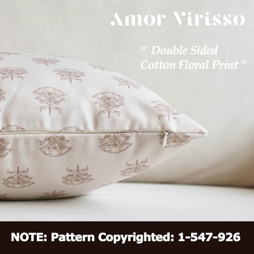 Amor Virisso Set of 2 Floral Throw Pillow Covers 18x18 Inch Vintage Decorative Block Print Pillow Covers Neutral Accent Farmhouse Pillows Home Decor for Sofa Couch Bed Light Camel - Image 3