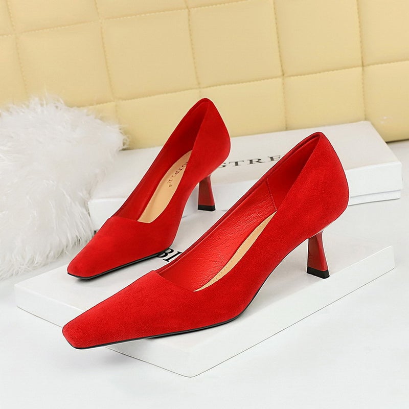 6183-3 Korean style fashionable simple high heel shoes suede shallow mouth square toe slim all-match womens shoes spring and autumn single-layer shoes Red