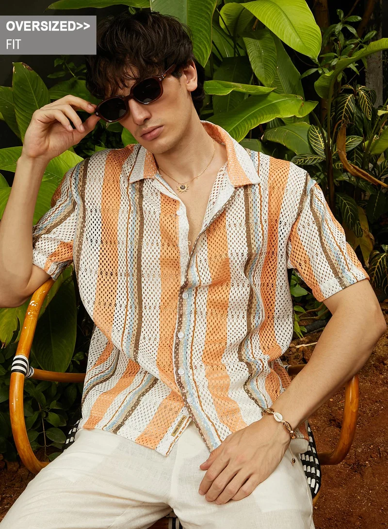Campus Sutra Campus Sutra Men's Orange & Beige Multitrack Knit Oversized Shirt For Casual Wear | Cuban Collar | Short Sleeve | Button Closure | Oversized Shirt Crafted With Comfort Fit For Everyday Wear
