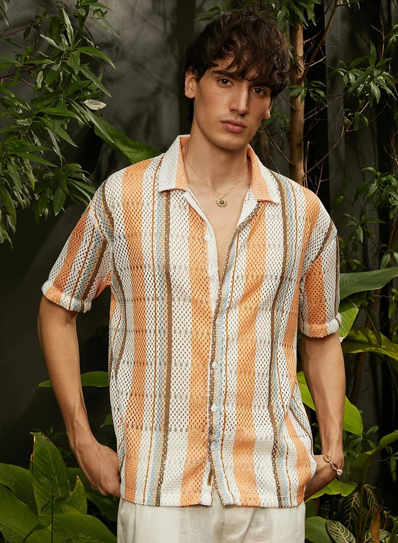 Campus Sutra Campus Sutra Men's Orange & Beige Multitrack Knit Oversized Shirt For Casual Wear | Cuban Collar | Short Sleeve | Button Closure | Oversized Shirt Crafted With Comfort Fit For Everyday Wear