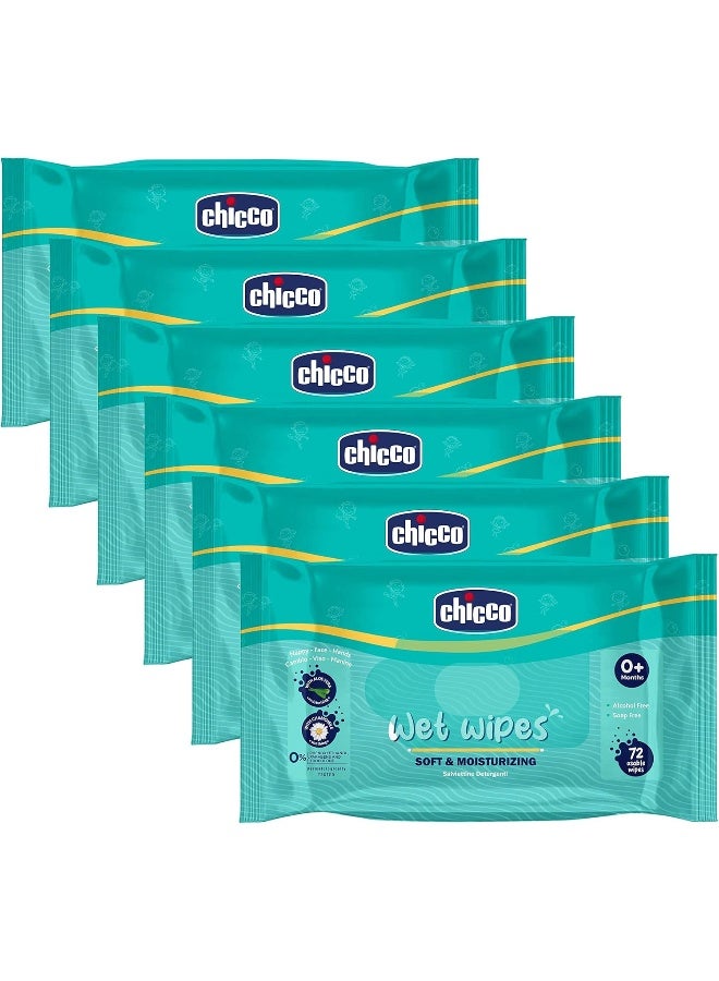 شيكو مناديل مبللة ناعمة ومنظفة للأطفال من شيكو، مثالية للحفاضات والوجه واليد، تم اختبارها من قبل أطباء الجلدية، خالية من البارابين، عبوة من 6 ملصقات (72 ورقة في كل عبوة) 432 قطعة - Image 1